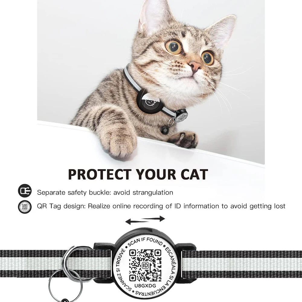 GPS Tracker Cat Reflective Collar with QR Name Tag & AirTag Holder