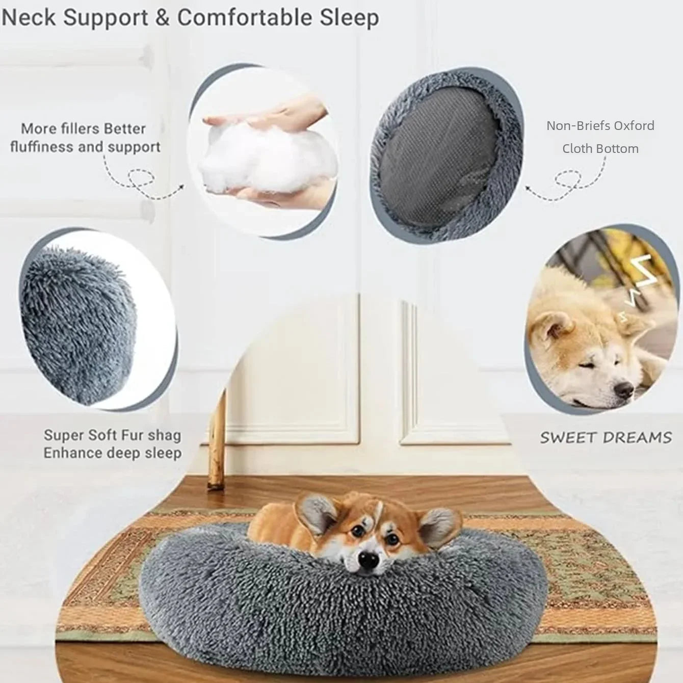 Round Pet Plush Bed for Sm, Med and Large Dogs, Super Soft Cat Beds