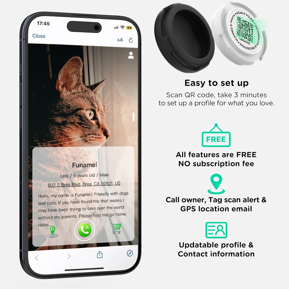 GPS Tracker Cat Collar with Airtag Case & QR ID Tag Reflective Collar