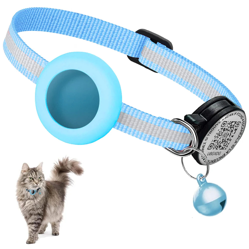 GPS Tracker Cat Reflective Collar with QR Name Tag & AirTag Holder