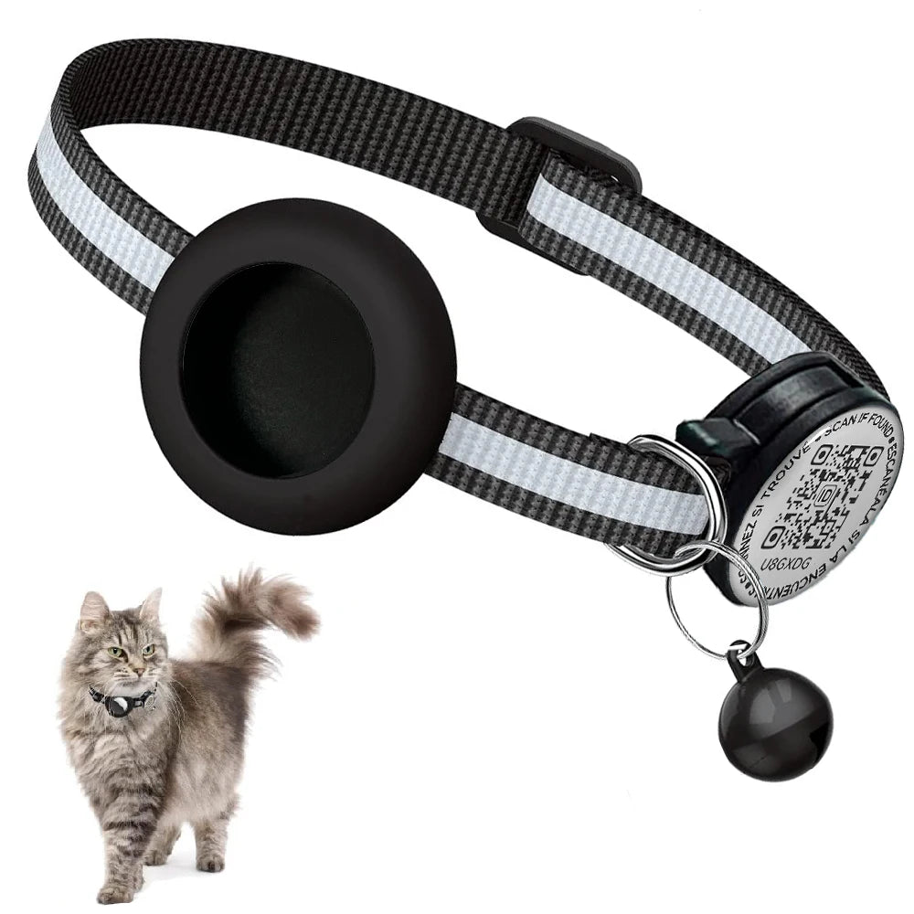 GPS Tracker Cat Reflective Collar with QR Name Tag & AirTag Holder