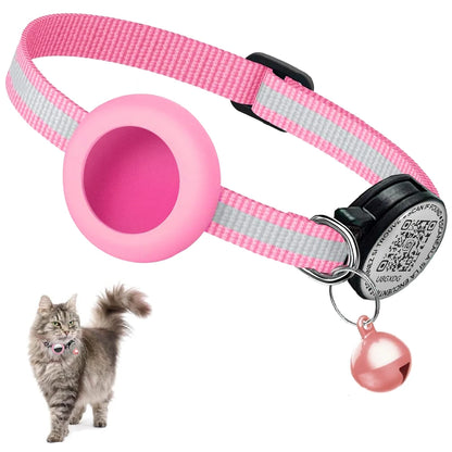 GPS Tracker Cat Reflective Collar with QR Name Tag & AirTag Holder
