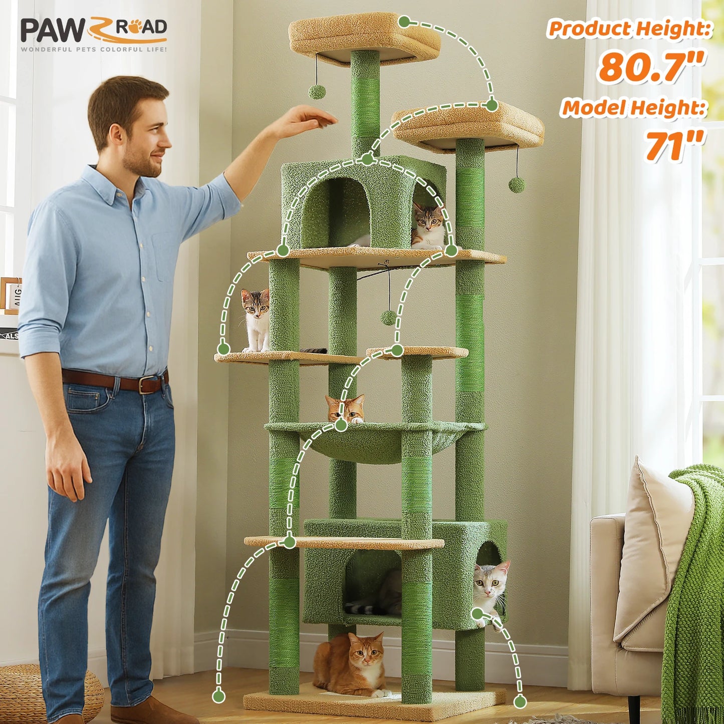 Cat Tree Tower with Oversized Hammock, Perches, Two Condos