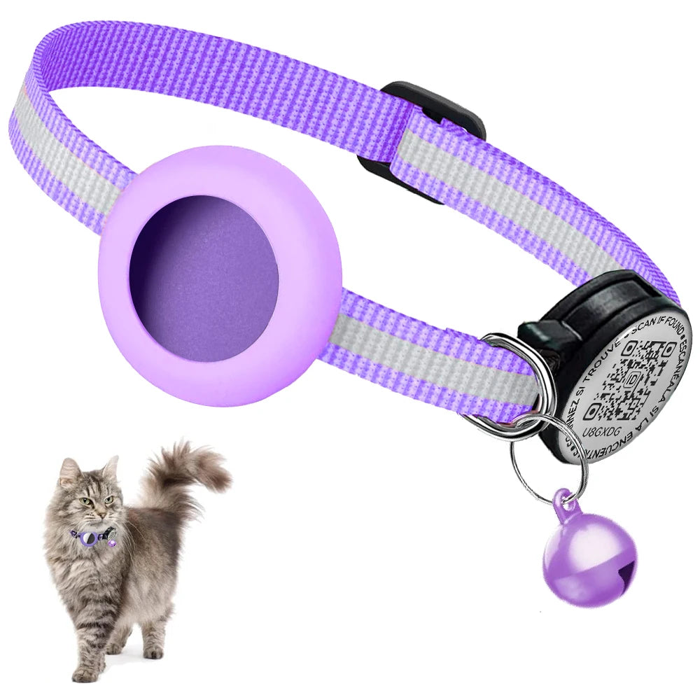 GPS Tracker Cat Reflective Collar with QR Name Tag & AirTag Holder