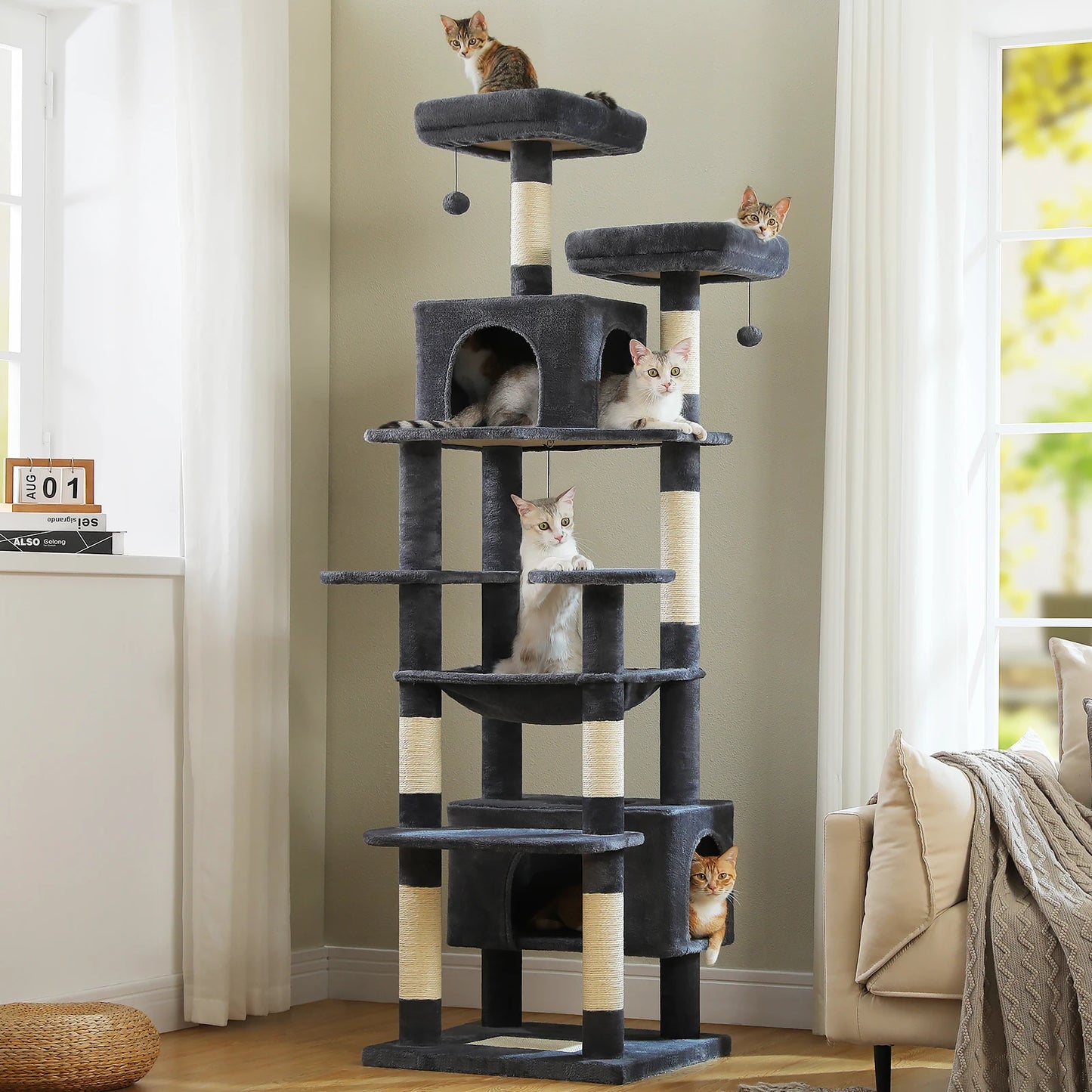 Cat Tree Tower with Oversized Hammock, Perches, Two Condos