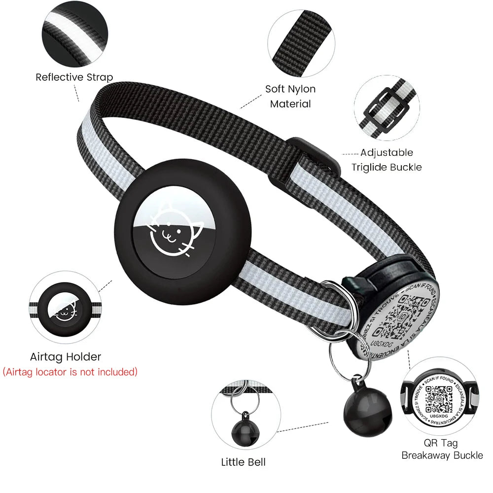 GPS Tracker Cat Reflective Collar with QR Name Tag & AirTag Holder