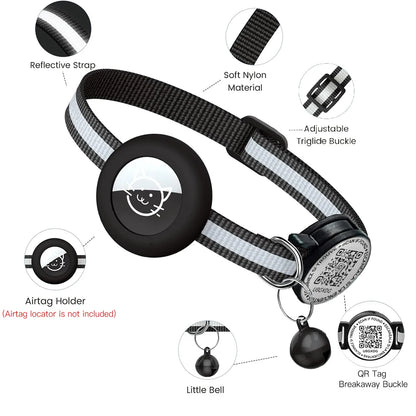 GPS Tracker Cat Reflective Collar with QR Name Tag & AirTag Holder
