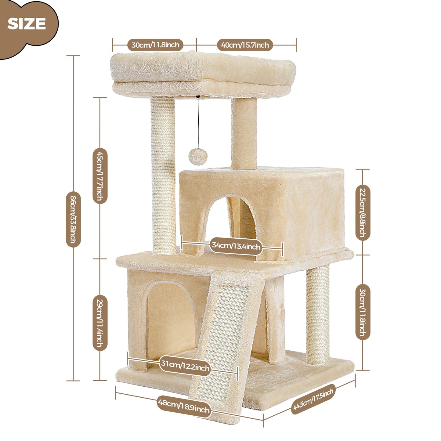 Multi-Level Cat Tree Tower with Scratching Pad, Cat Condo