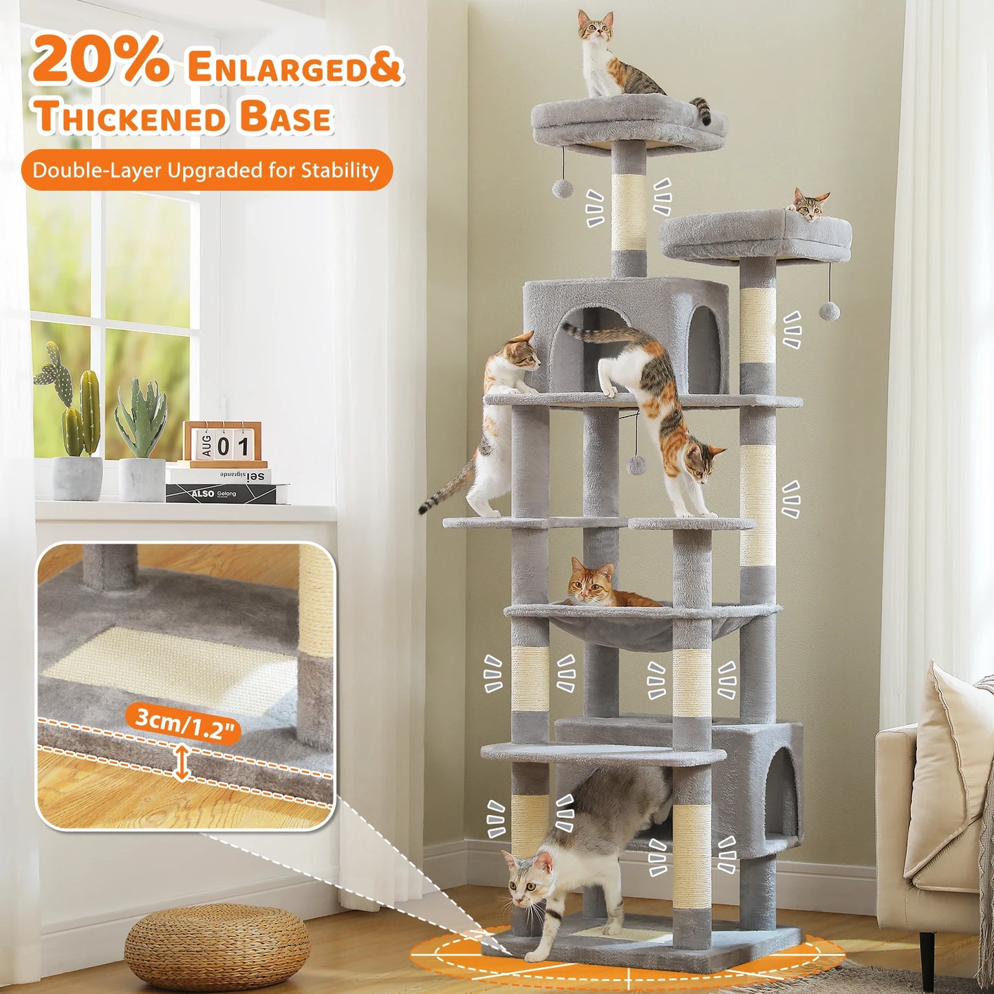 Cat Tree Tower with Oversized Hammock, Perches, Two Condos